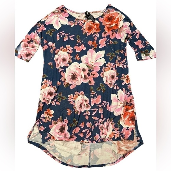 Agnes & Dora Teal Pink Rust Floral Essential Hi-Lo Top Short Sleeve Size XS - Picture 1 of 3